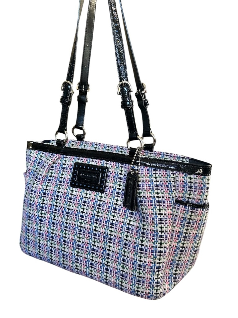 Coach Tweed Plaid Tote F17699 Black Patent Trim Satchel - Picture 13 of 16